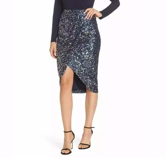 Eliza J Dresses & Skirts - Eliza J Faux Wrap Navy Sequin Pencil Skirt. Size 4